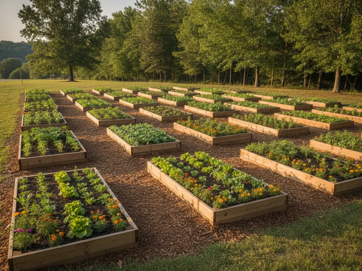A freshly planted community garden of neat raised beds full of young vegetables and flowers with tidy mulched paths