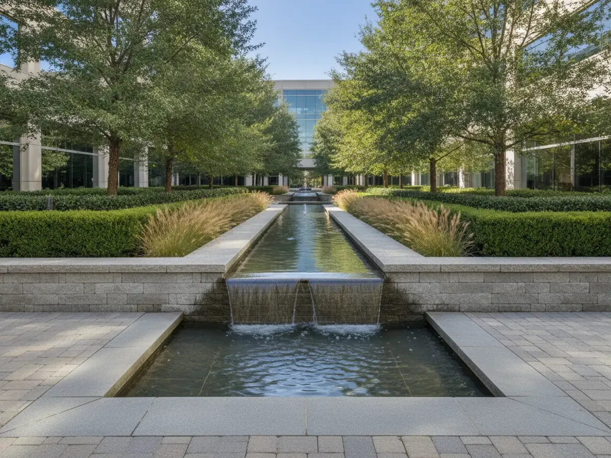 A formal commercial courtyard water feature with a stone basin and a sheet of water spilling into a still pool