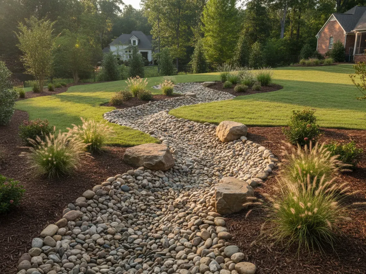A curving dry creek bed of graded river rock carrying stormwater across a green lawn