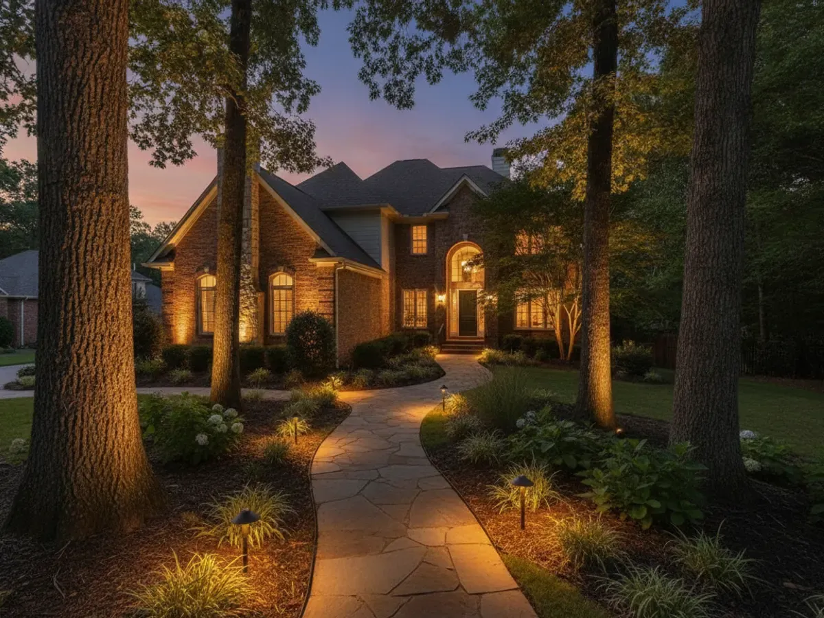 A residential front landscape at dusk with warm path lights along a stone walkway and soft uplighting on the trees and facade