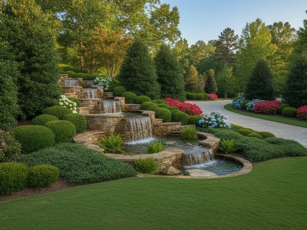 A stacked natural-stone entrance waterfall spilling into a planted basin beside a curving entry drive