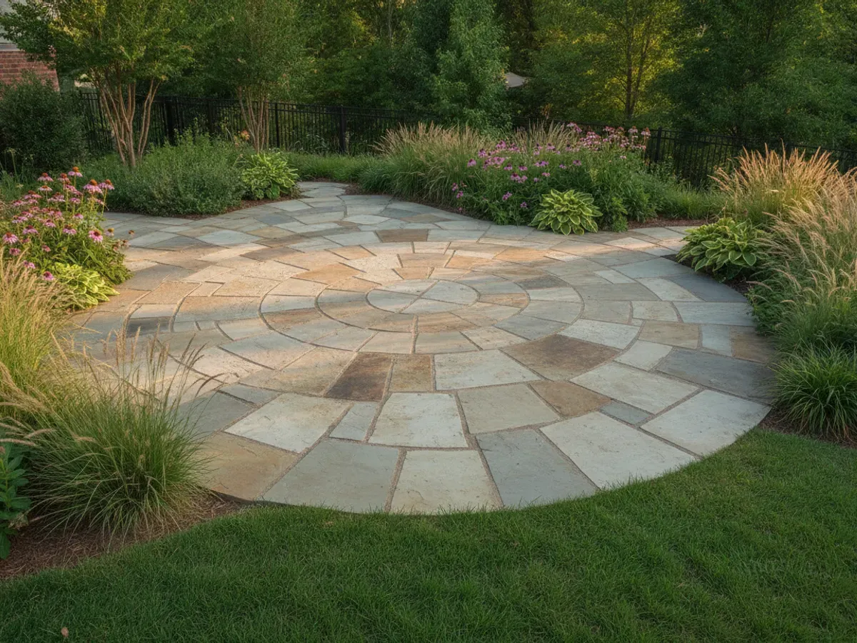 Un patio irregular de piedra laja natural que forma un amplio espacio para sentarse, bordeado de perennes bajas y pastos ornamentales