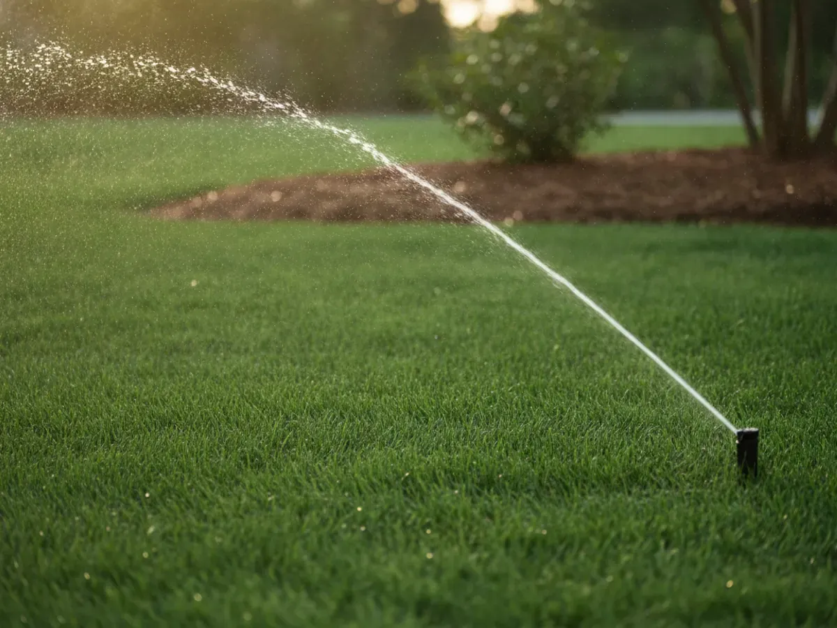 A pop-up sprinkler head spraying an arc of water over a lush green lawn in golden light