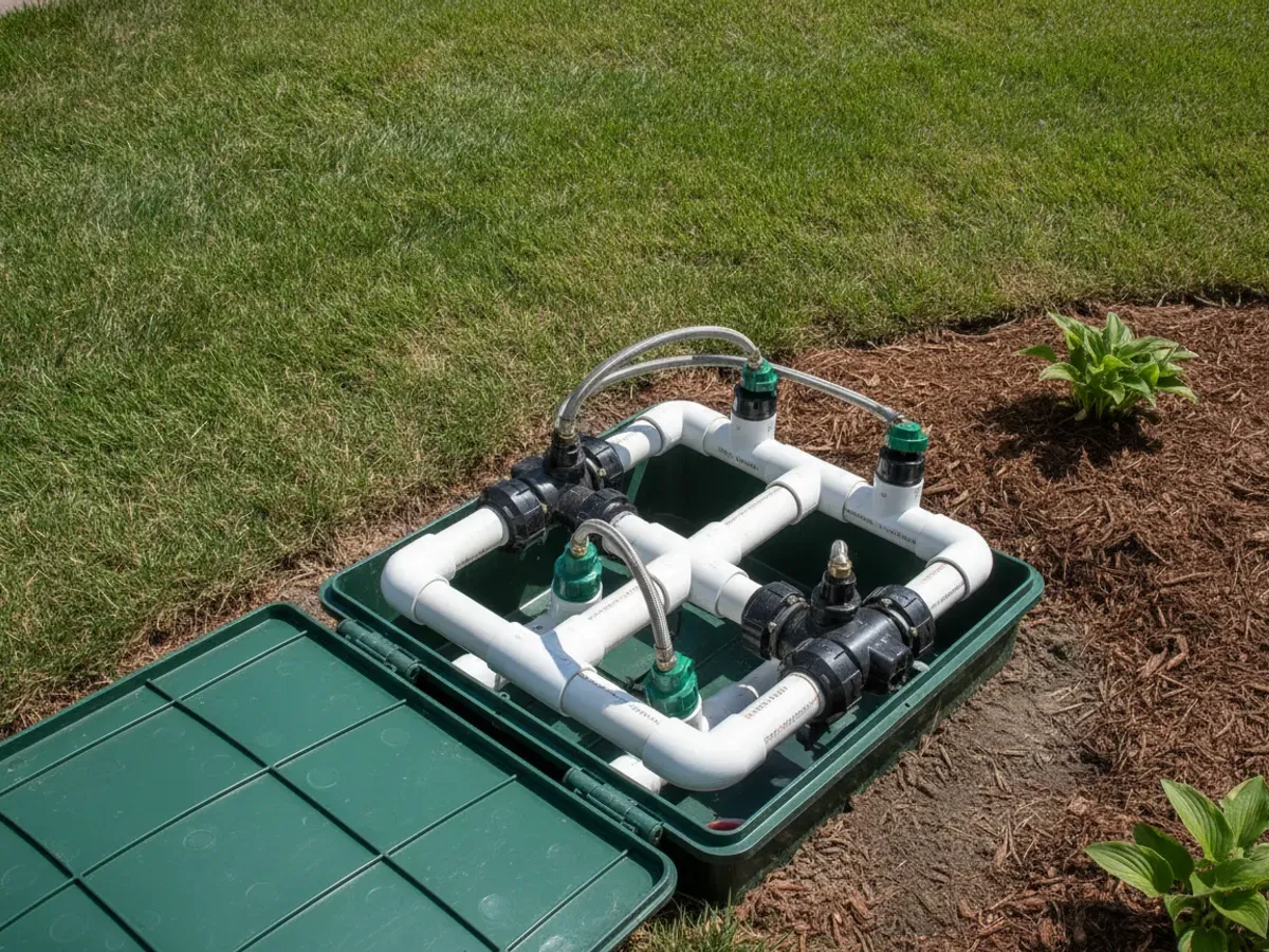 A cluster of PVC pipes and irrigation control valves neatly assembled in an open valve box set flush in the soil