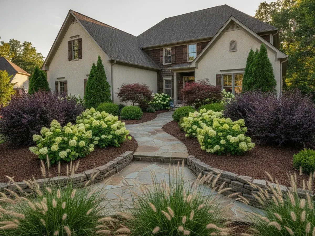 A professionally designed front-yard landscape with layered plantings along a curved stone walkway