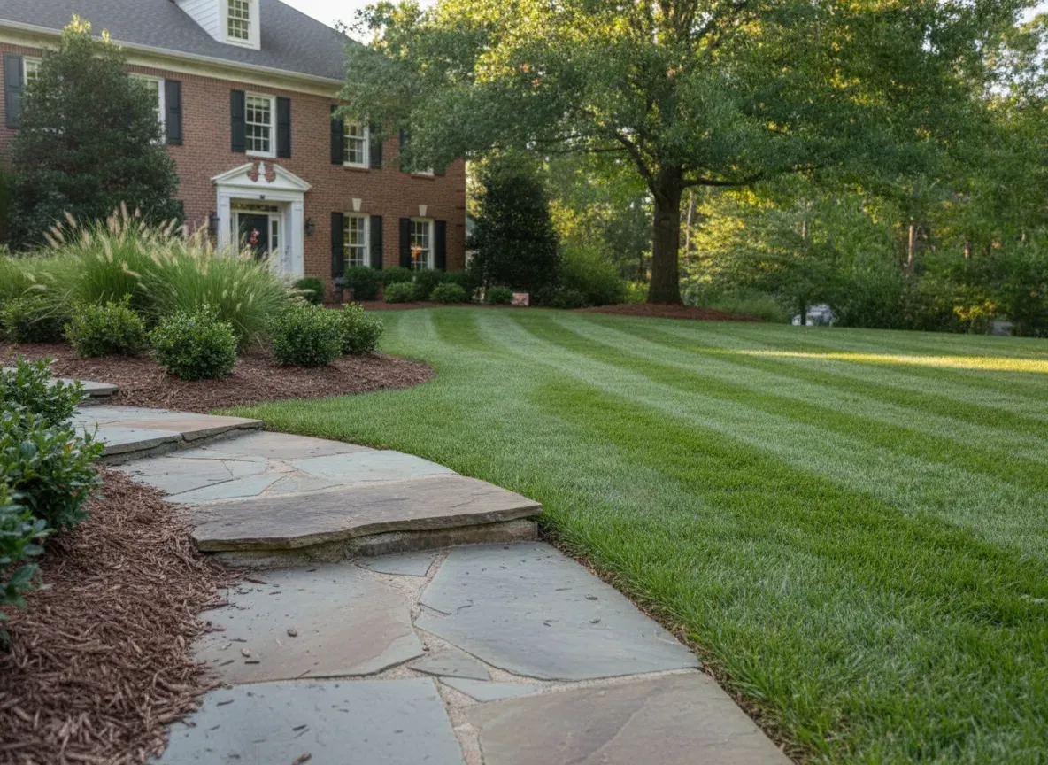 A healthy, evenly green residential lawn beside a stone walkway and mulched planting beds