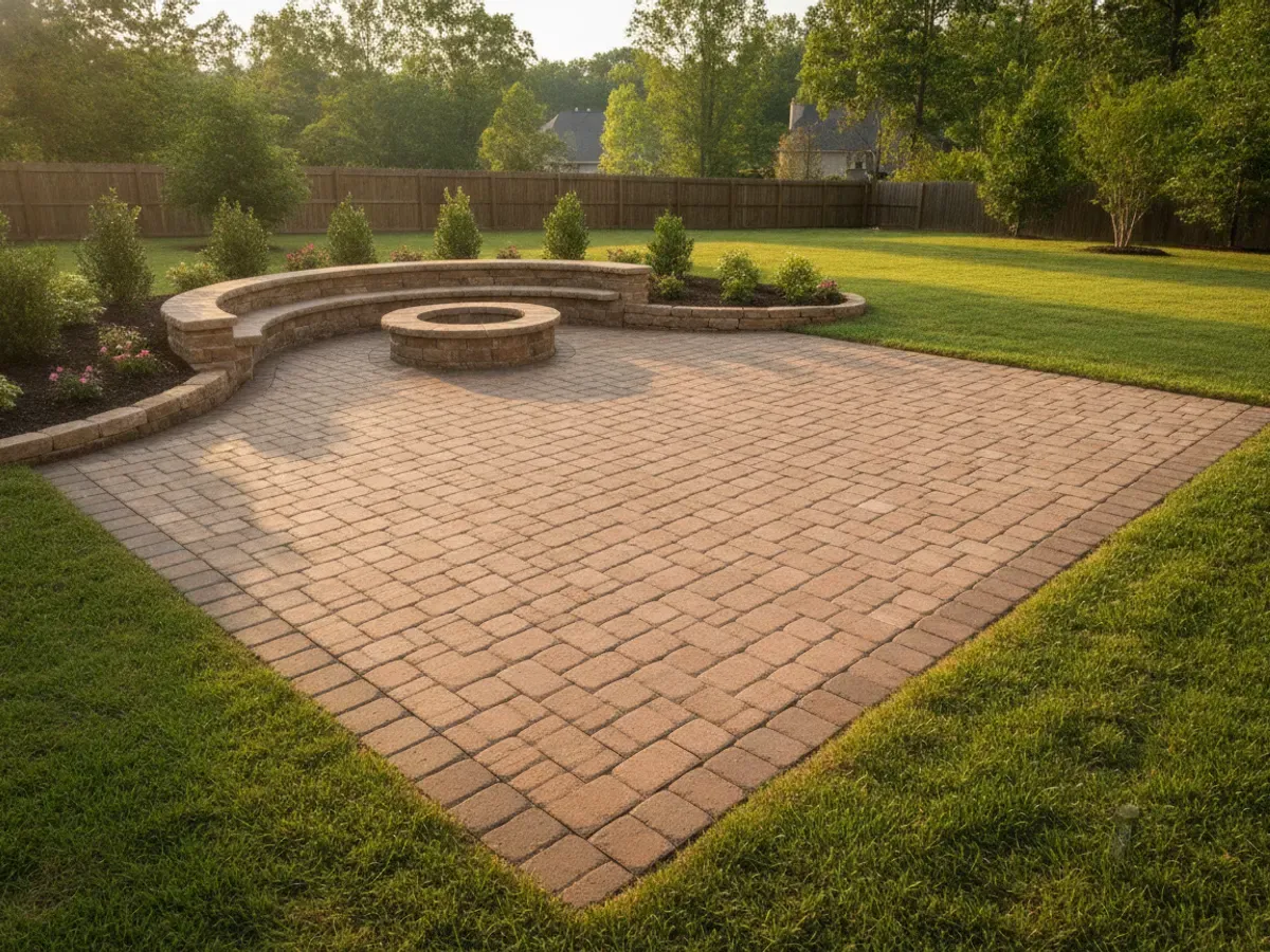 A finished backyard paver patio in a running-bond pattern with a low seating wall and fire-pit area