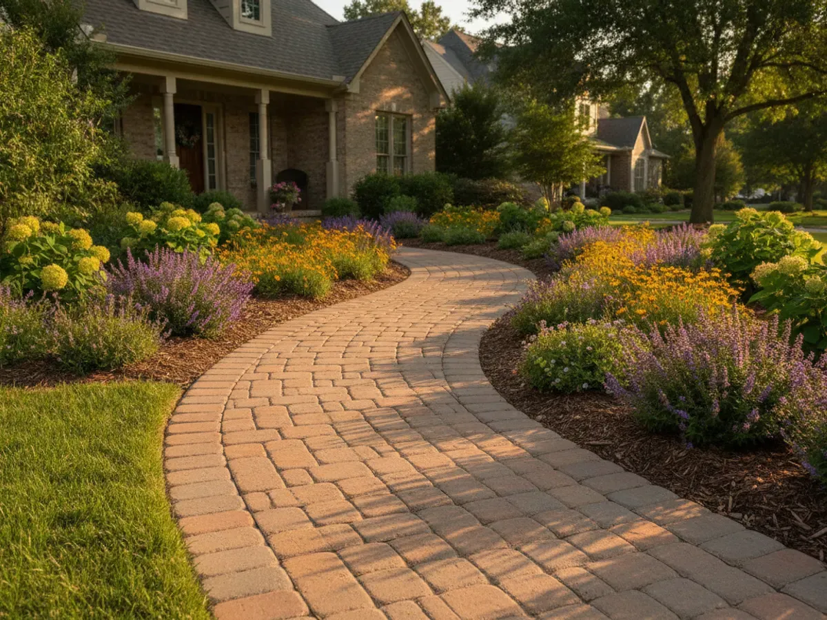 A curving paver walkway in a running-bond pattern leading to a suburban front entry, bordered by perennials