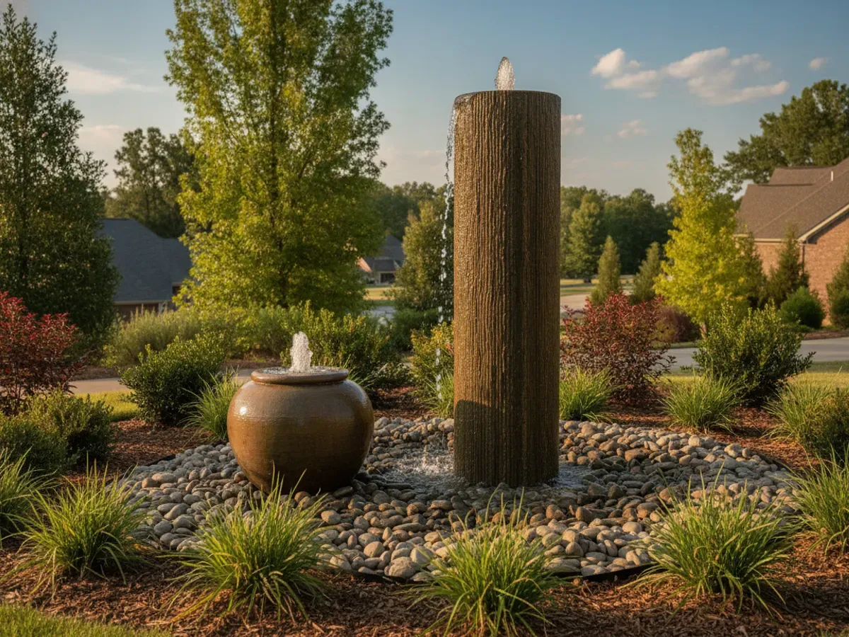 A pondless bubbling fountain with a drilled basalt column set in a bed of smooth river stones