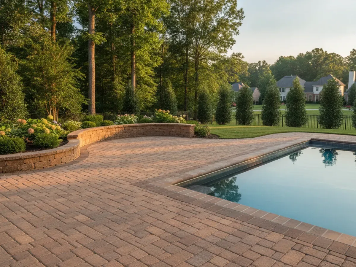 A poolside paver deck with a seating wall surrounding a clean in-ground pool