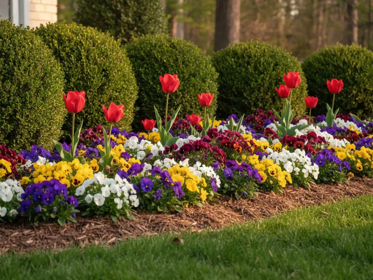Un arriate de primavera recién sembrado con tulipanes, pensamientos y violas en rojos, amarillos y morados, junto a arbustos verdes bajos