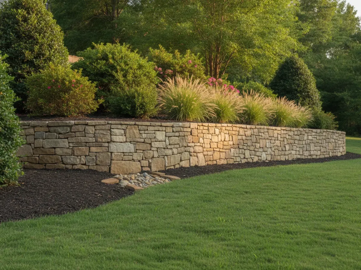 A natural fieldstone retaining wall holding a planted terrace on a sloped suburban property