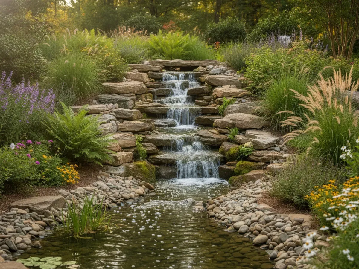 A residential backyard waterfall spilling over stacked natural boulders into a planted pond